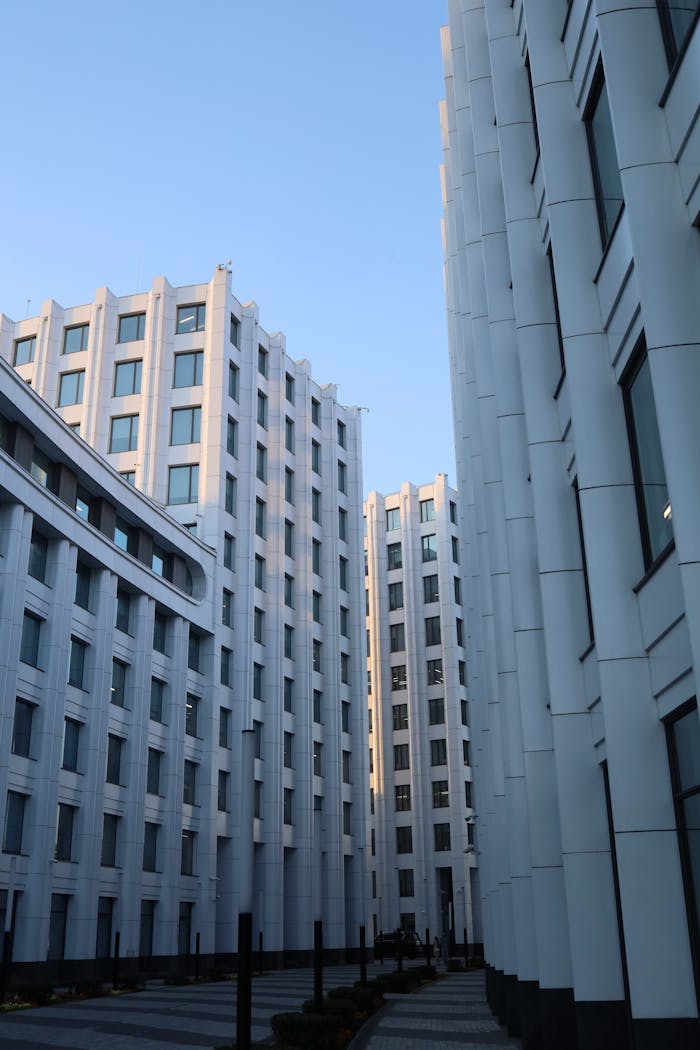 Explore the sleek architecture of a financial district in Moscow, Russia, showcasing modern urban design.